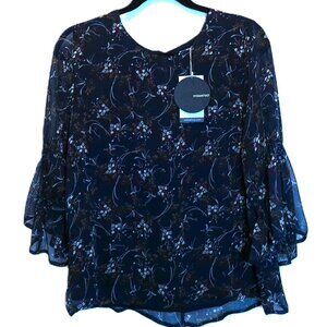 Blouse NWT Mittoshop Navy Blue Floral Chiffon Bell Sleeve Tunic elegant feminine